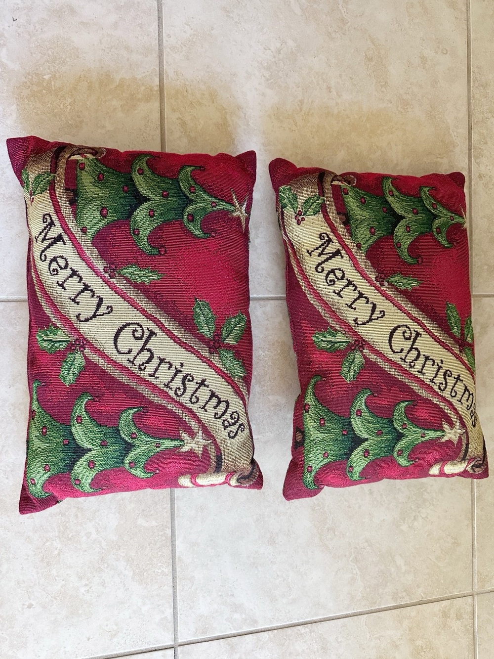 Two Christmas Holiday Red & Green Tapestry Lumbar Reversible Throw Pillow